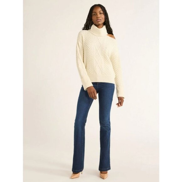 Sofia Jeans M Cream Cable Knit Cold Shoulder Turtleneck Sweater Metallic Sequins - Picture 16 of 16
